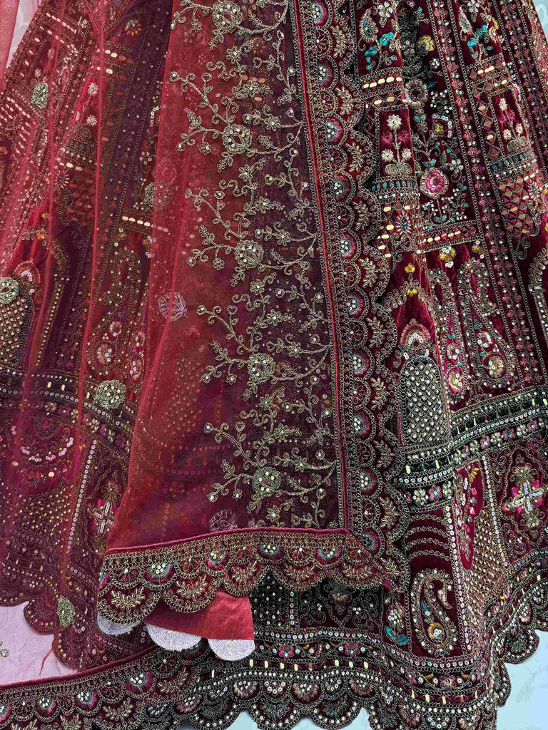 Alluring Maroon Velvet Sequins Embroidered Bridal Lehenga Choli