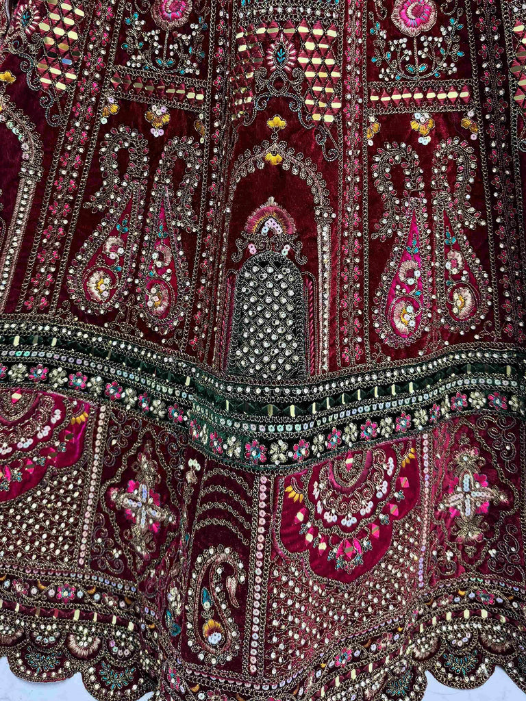 Alluring Maroon Velvet Sequins Embroidered Bridal Lehenga Choli