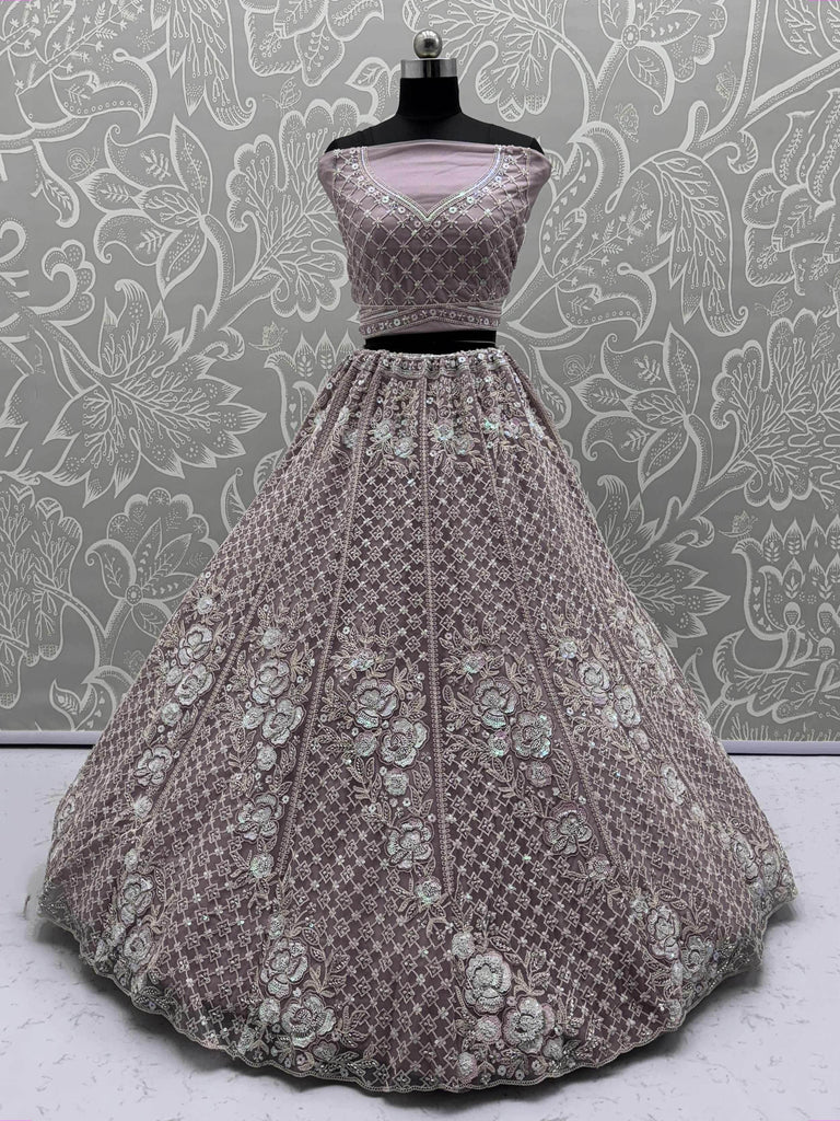 Alluring Purple Net Sequins Work Bridesmaid Lehenga Choli With Dupatta