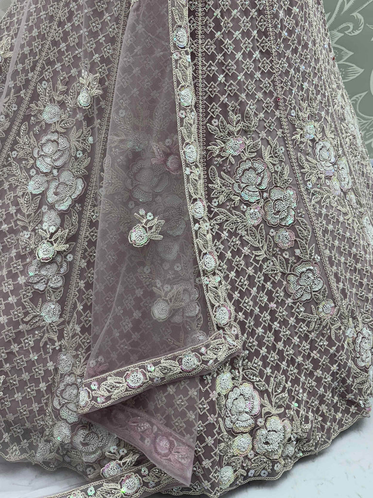 Alluring Purple Net Sequins Work Bridesmaid Lehenga Choli With Dupatta