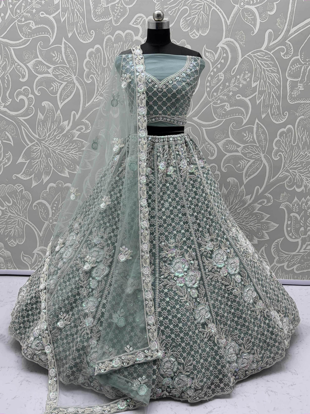 Enchanting Green Net Floral Embroidery Wedding Wear Lehenga Choli
