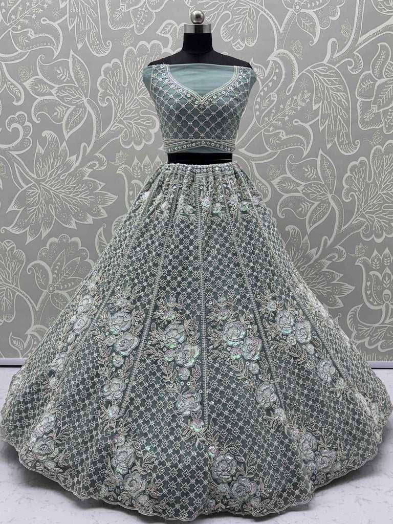 Enchanting Green Net Floral Embroidery Wedding Wear Lehenga Choli