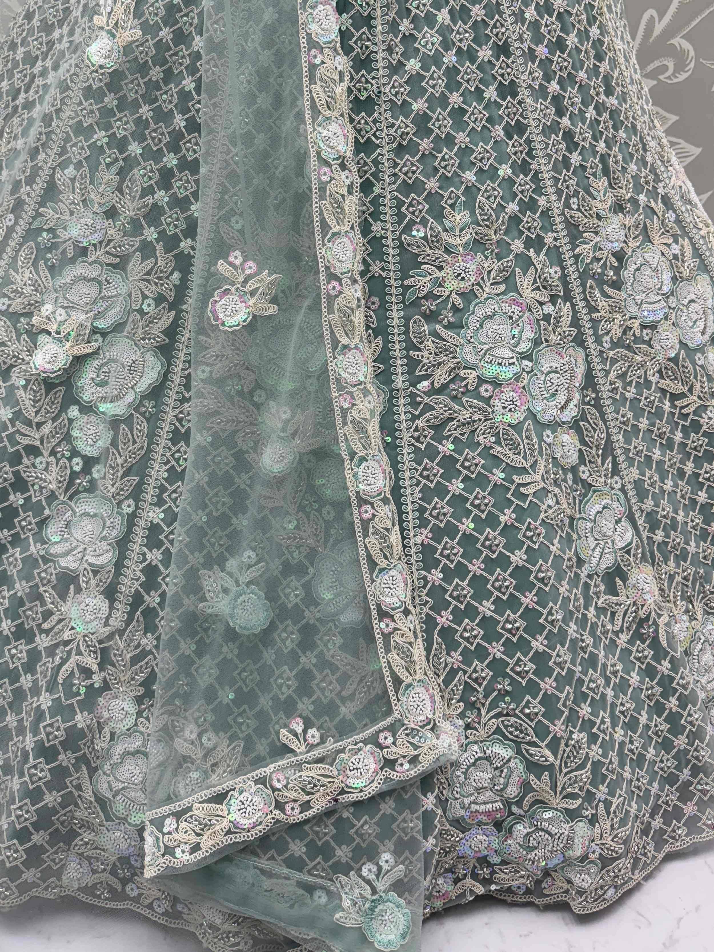 Sage green embroidered lehenga choli with floral sequin work and sheer dupatta, Indian ethnic wear