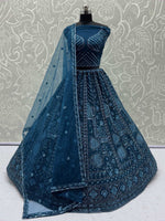 Adorning Blue Net Embroidered Designer Lehenga Choli With Dupatta