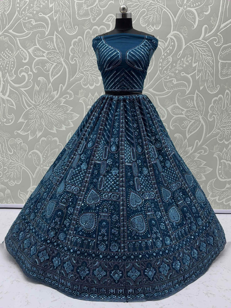 Adorning Blue Net Embroidered Designer Lehenga Choli With Dupatta