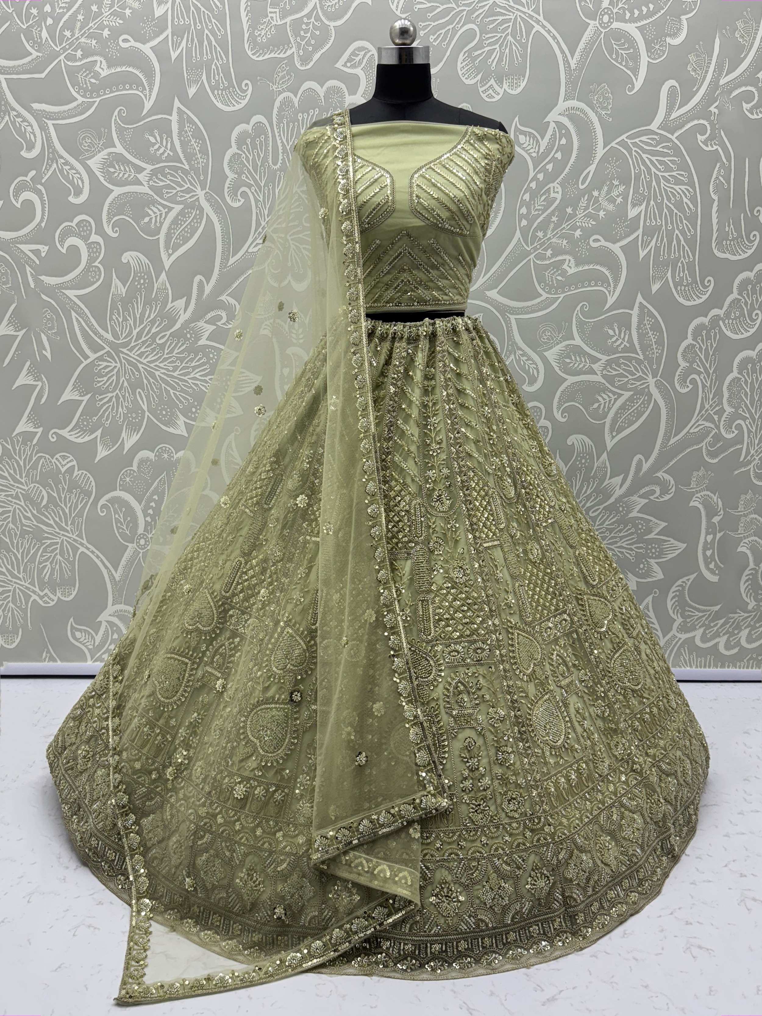Regal Pista Green Net Thread Work Mehendi Wear Lehenga Choli