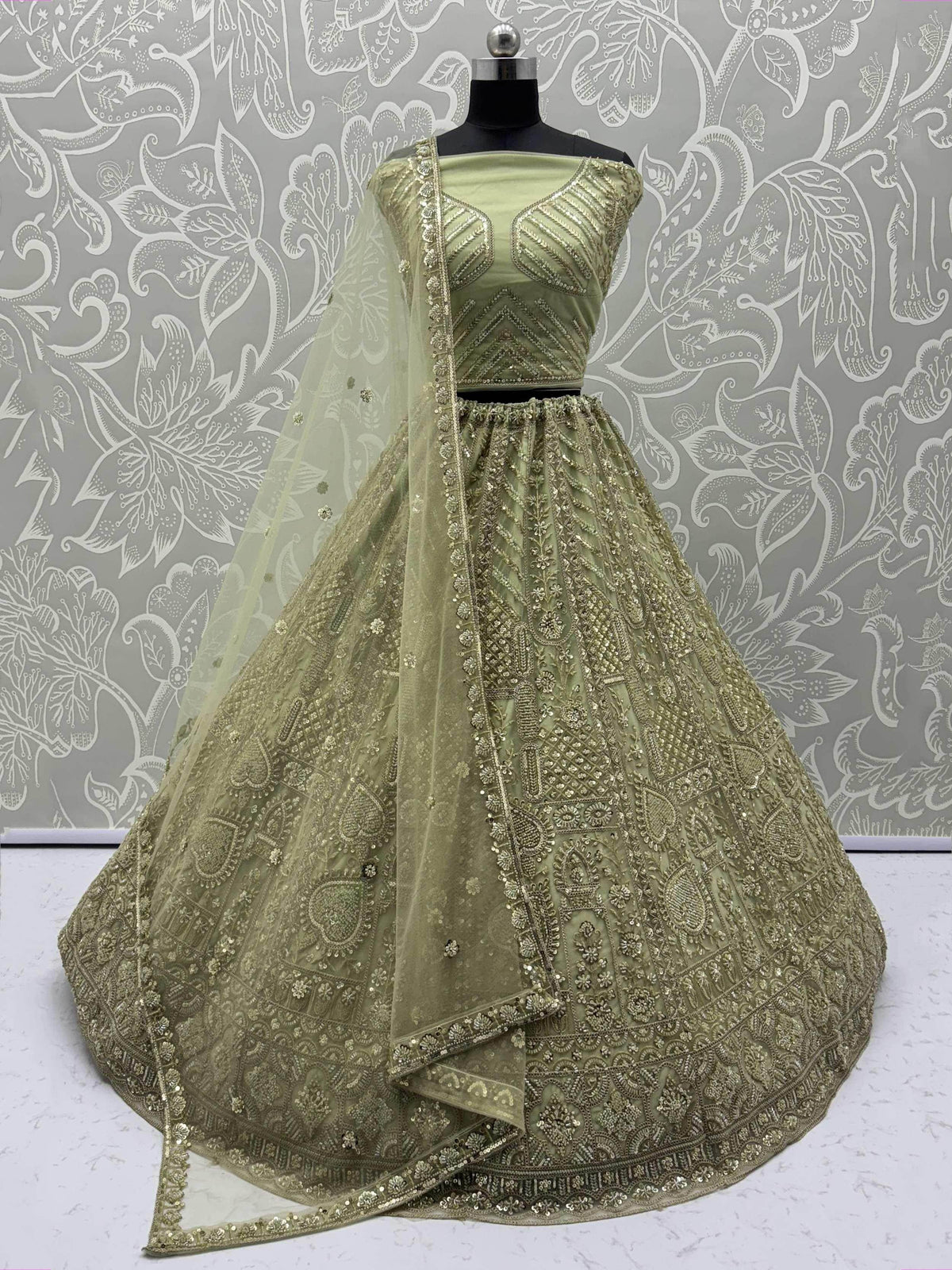 Regal Pista Green Net Thread Work Mehendi Wear Lehenga Choli