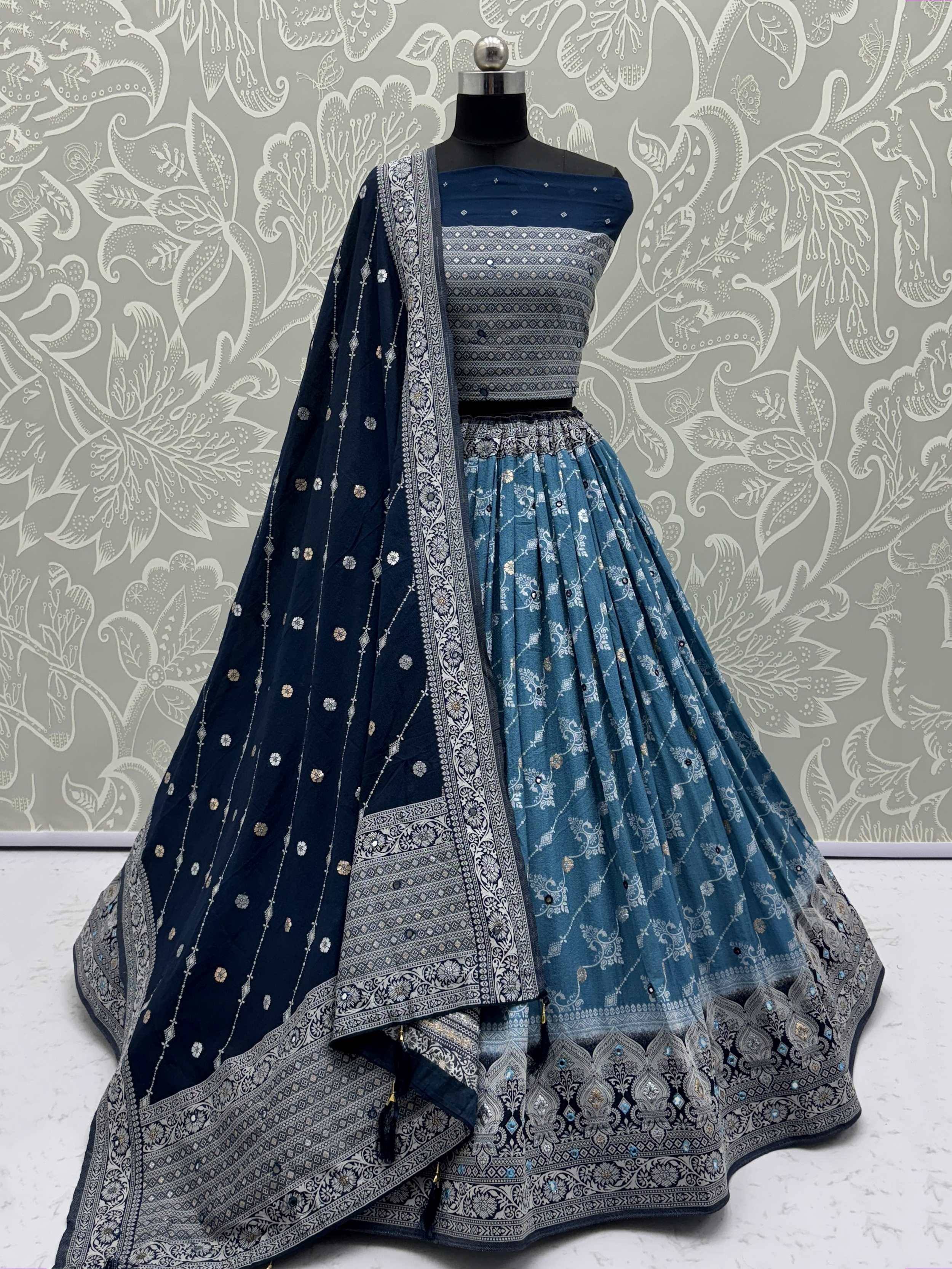 Blue printed lehenga choli with mirror work and dupatta, Indian ethnic wear
