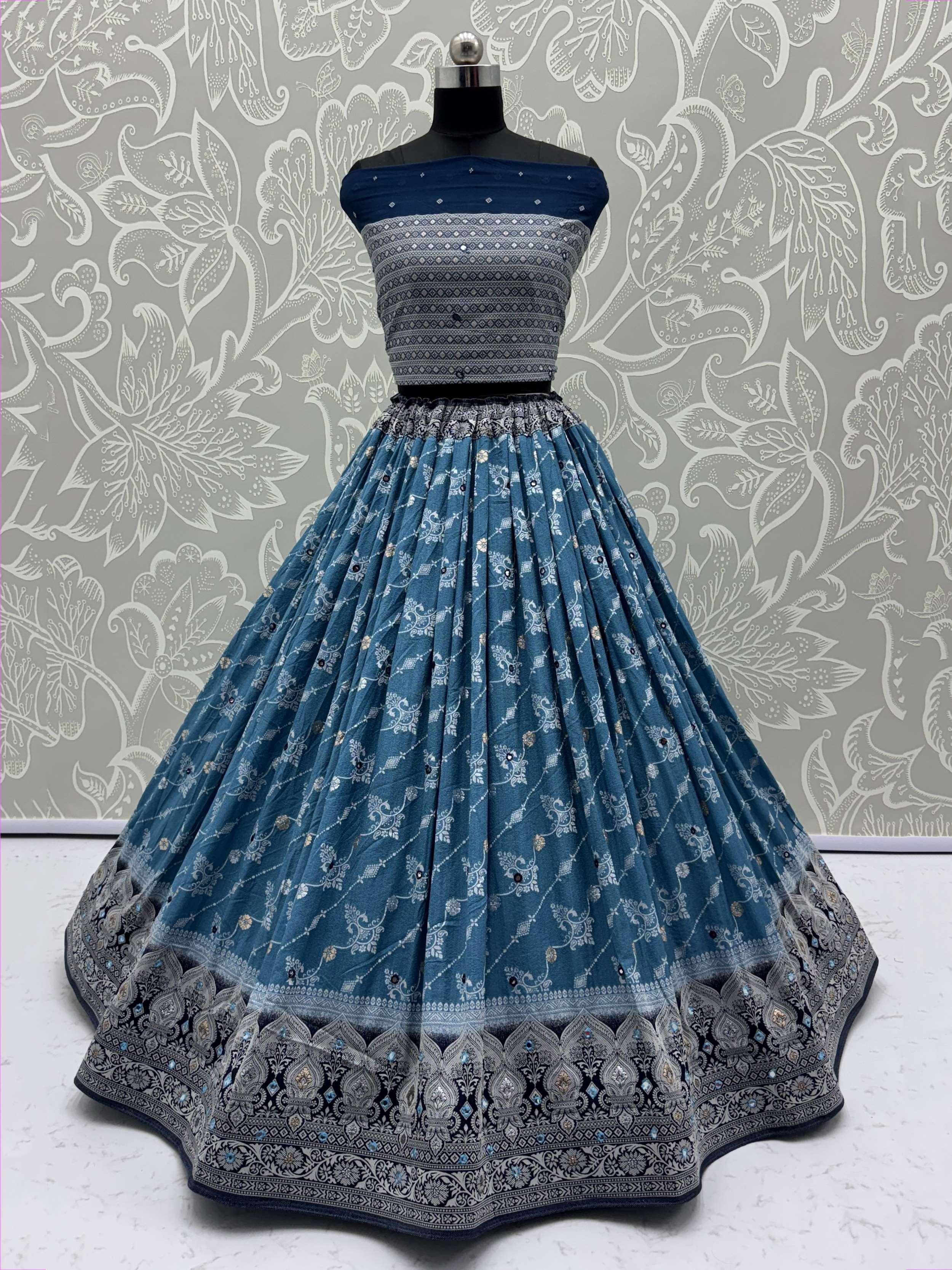 Blue printed lehenga choli with off-shoulder top and embroidered border, ethnic Indian wear