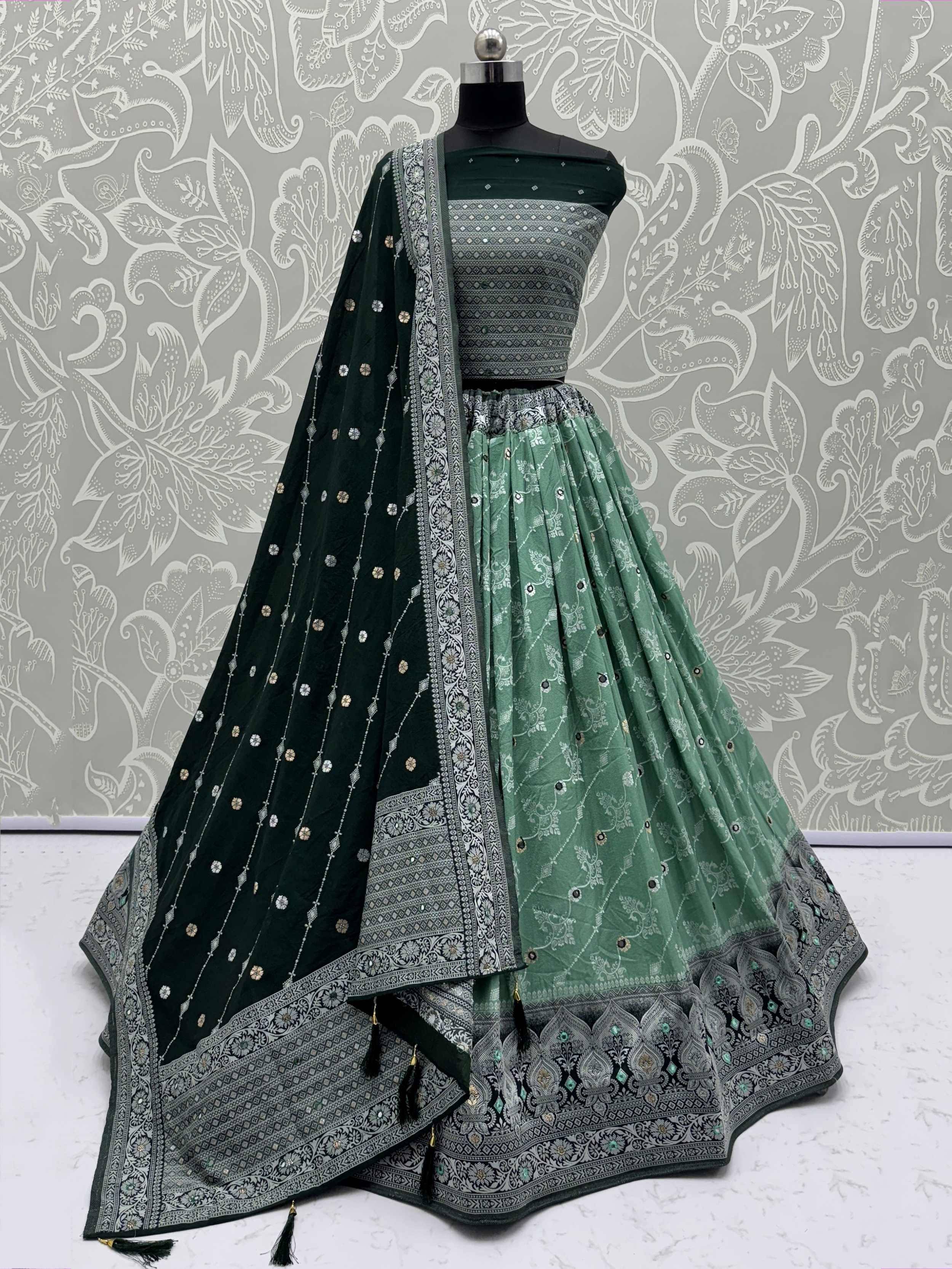 Emerald green lehenga choli with silver embroidery and matching dupatta, Indian ethnic wear