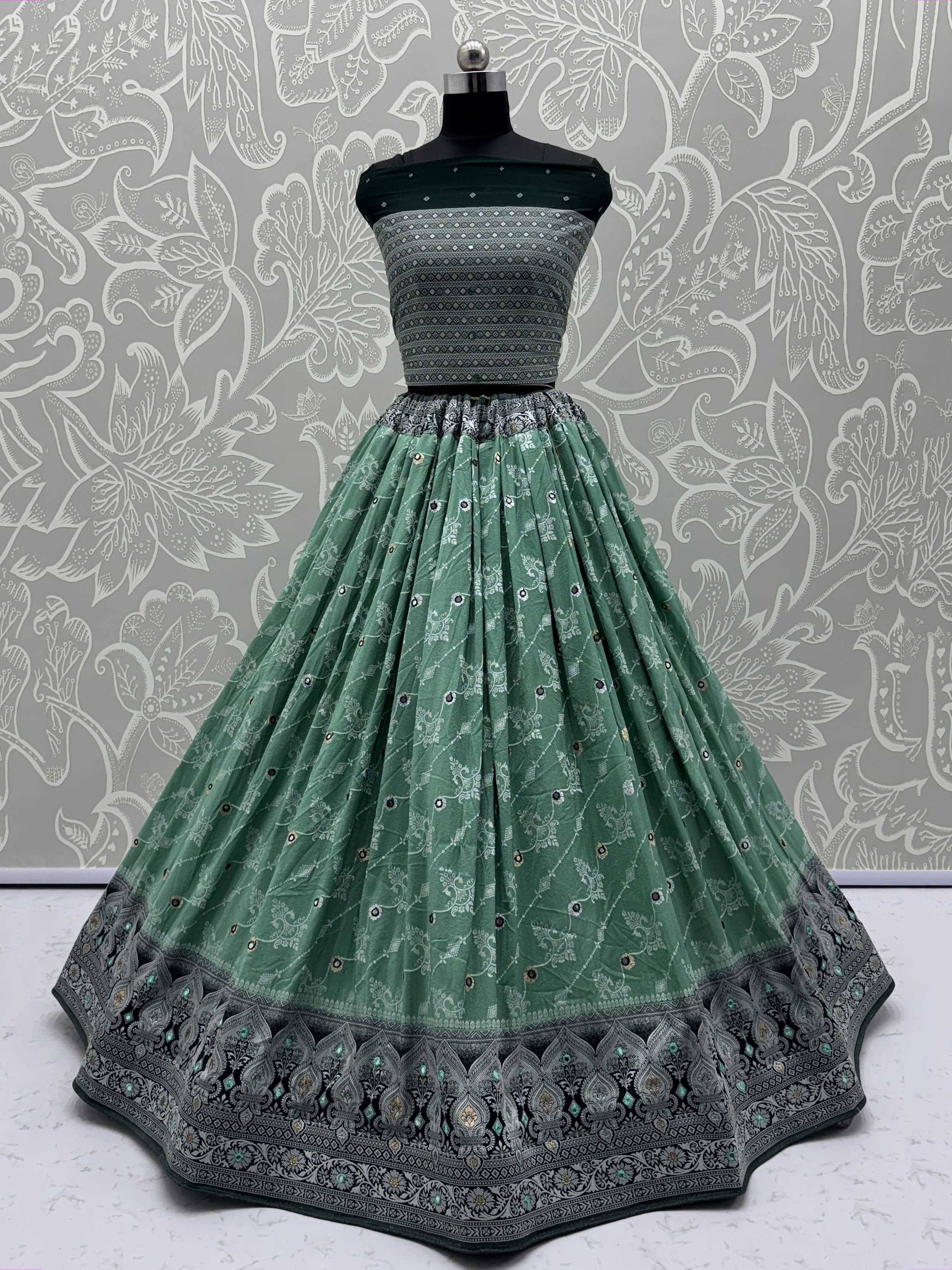 Green printed lehenga choli with embroidered border, Indian ethnic wear for women