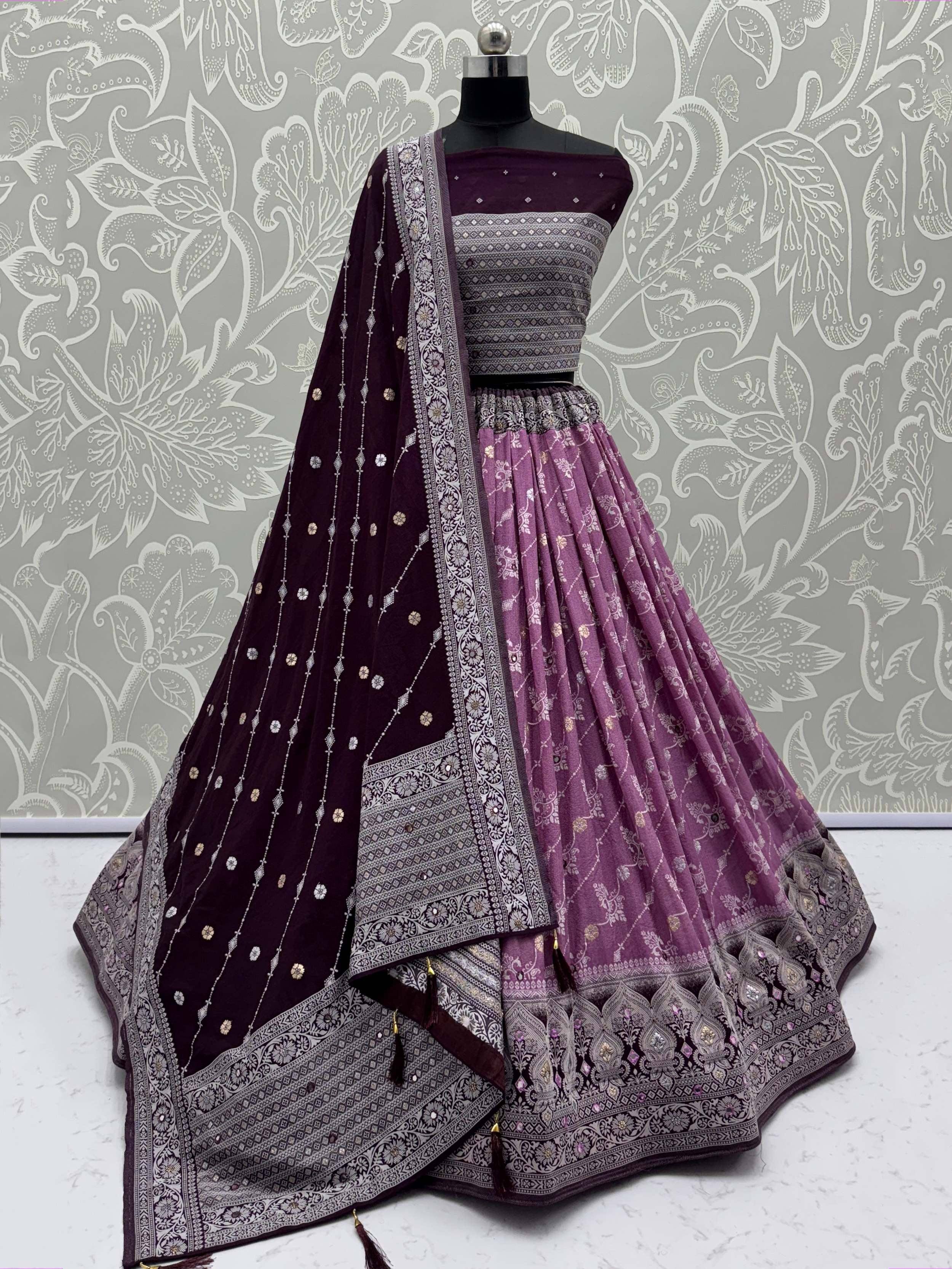 Purple and silver embroidered lehenga choli with dupatta, Indian ethnic wear for weddings and parties