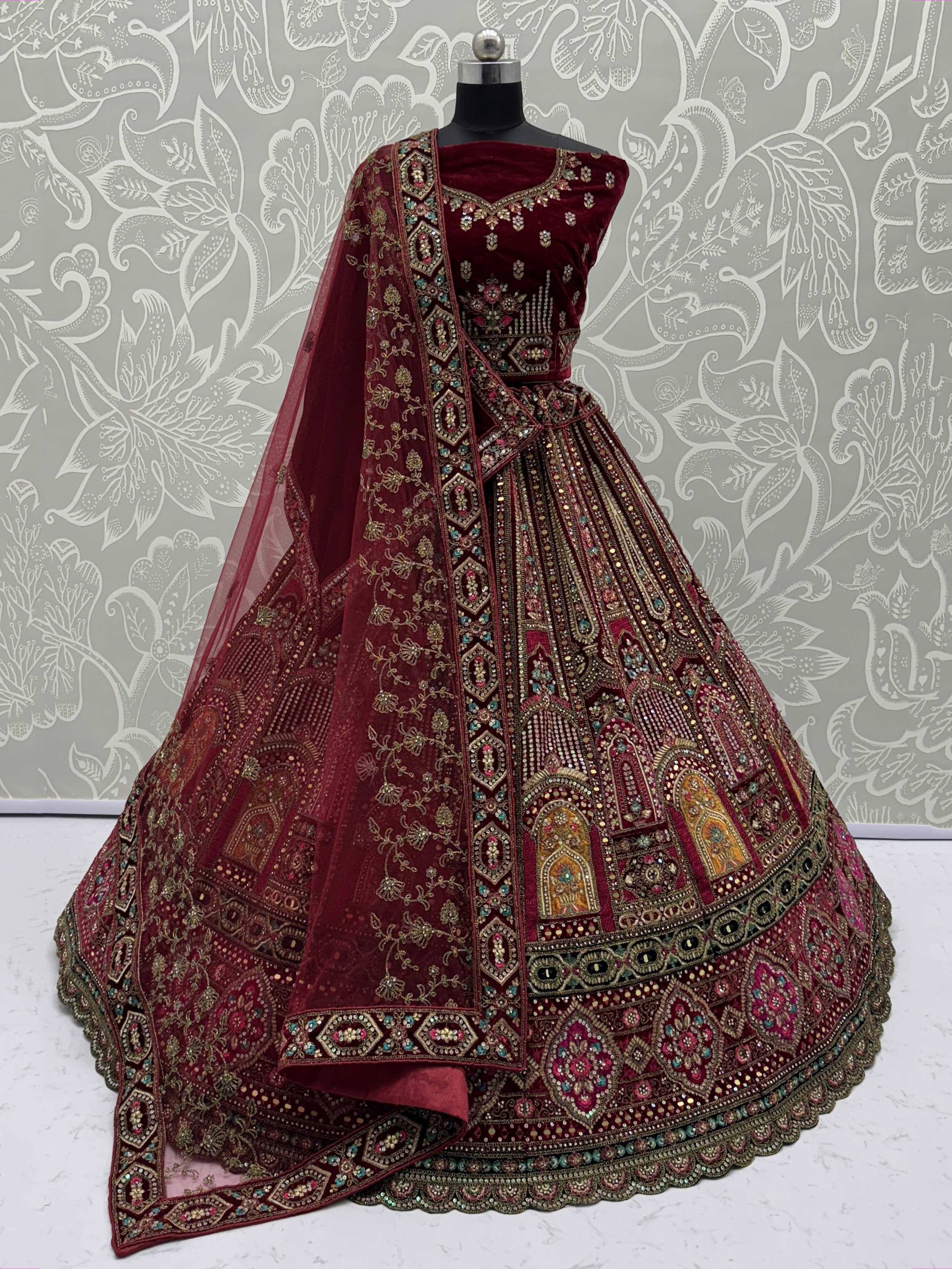 Maroon velvet designer lehenga choli with heavy embroidery and dupatta, Indian ethnic wear