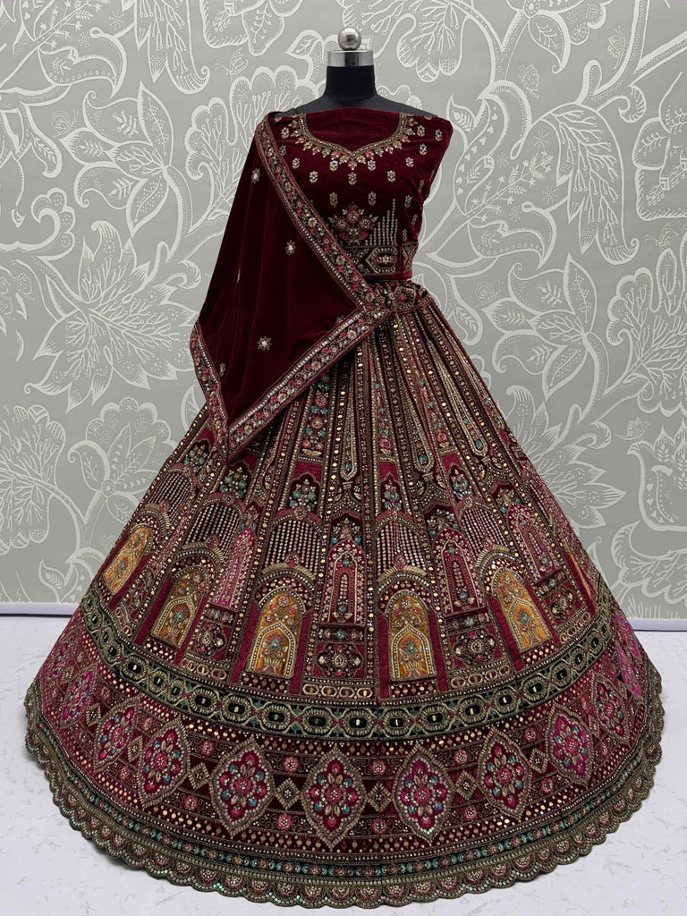 Beautiful Maroon Embroidered Bridal Lehenga Choli With Double Dupatta