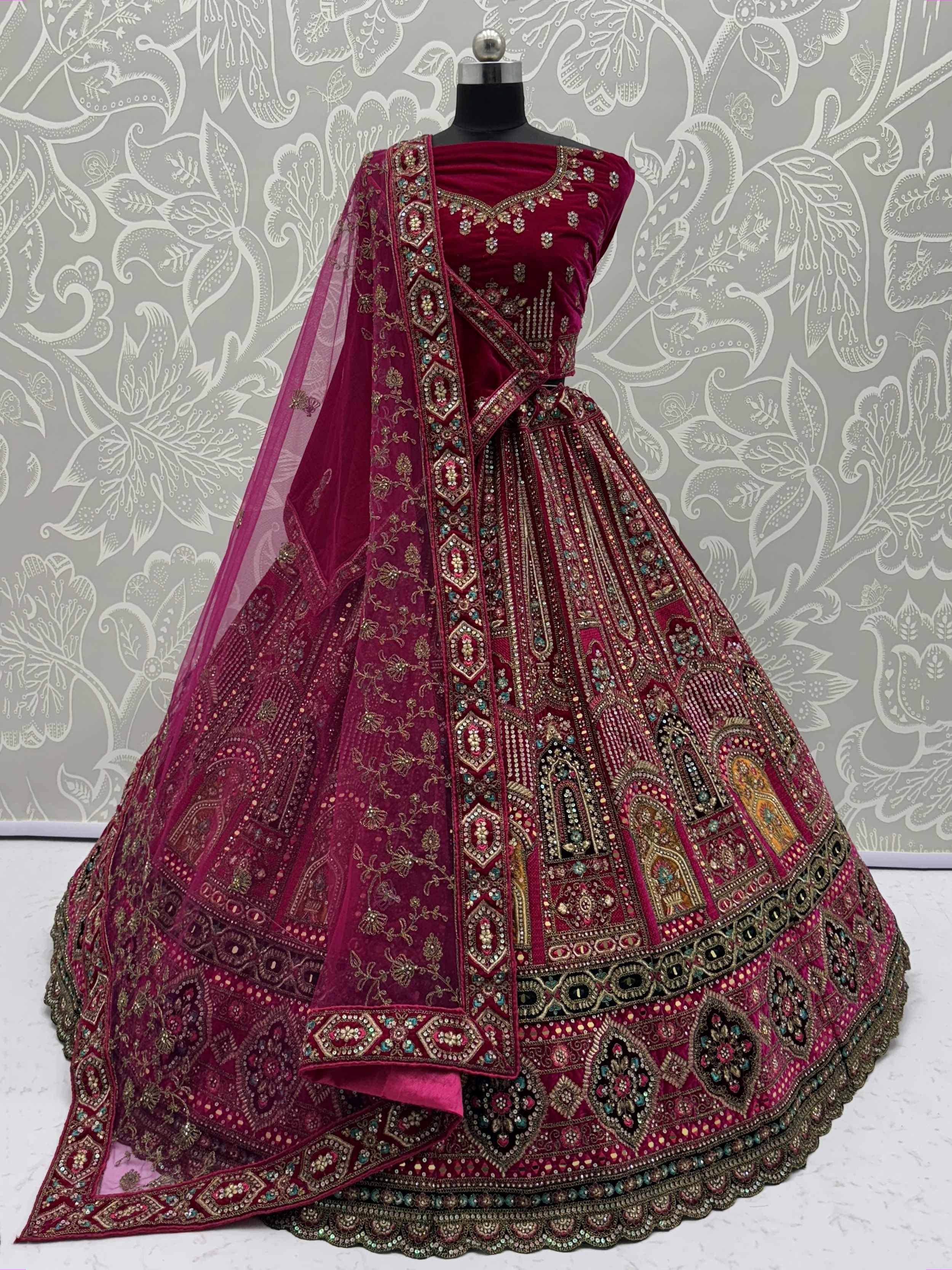 Burgundy velvet designer lehenga choli with heavy embroidery and dupatta, Indian ethnic wear