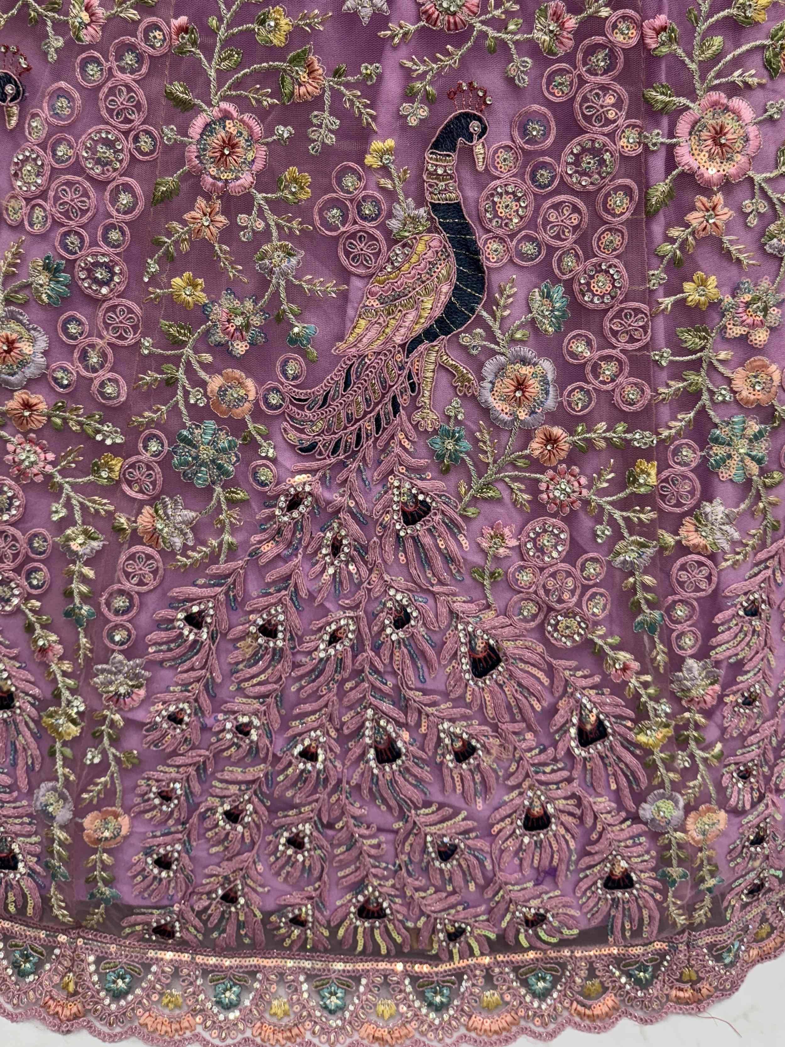 Purple ethnic wear fabric with peacock and floral embroidery, perfect for designer lehenga or saree