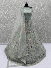 Dazzling Sky Blue Net Zari Embroidered Reception Wear Lehenga Choli