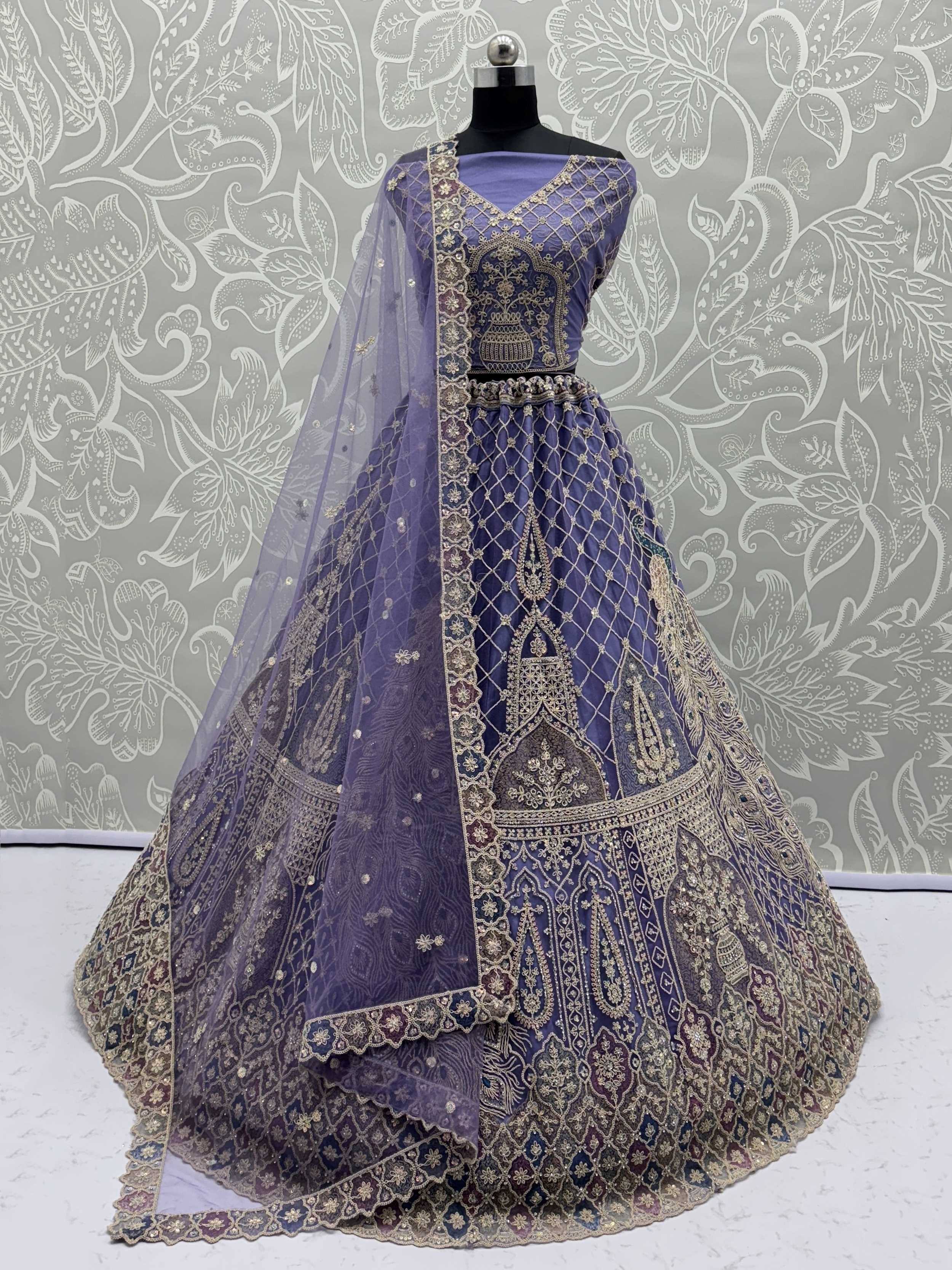 Purple designer lehenga choli with gold embroidery and net dupatta, Indian ethnic wear