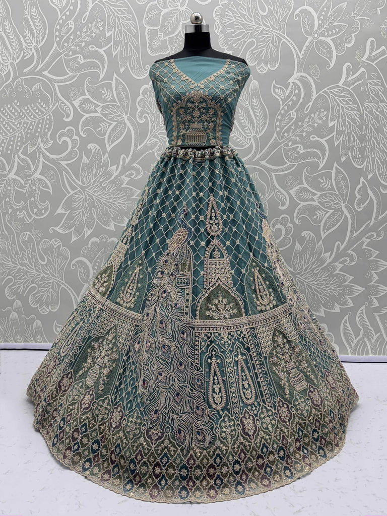 Tantalizing Blue Zari Embroidered Net Lehenga Choli With Dupatta