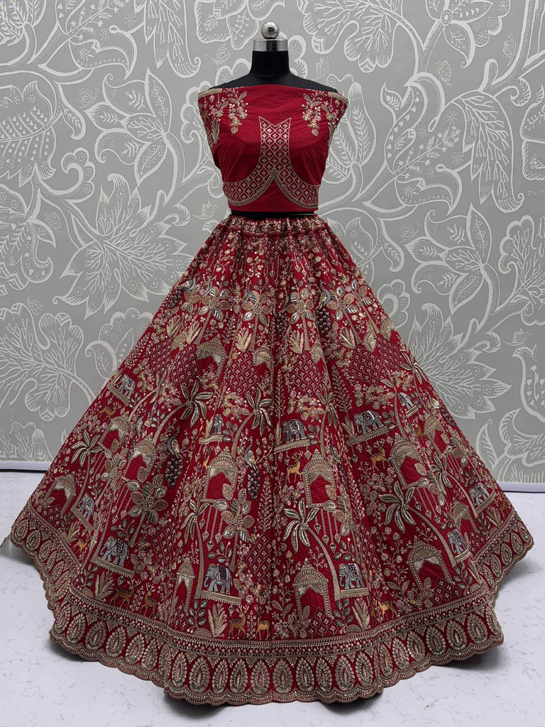 Precious Red Silk Embroidered Bridal Lehenga Choli With Double Dupatta