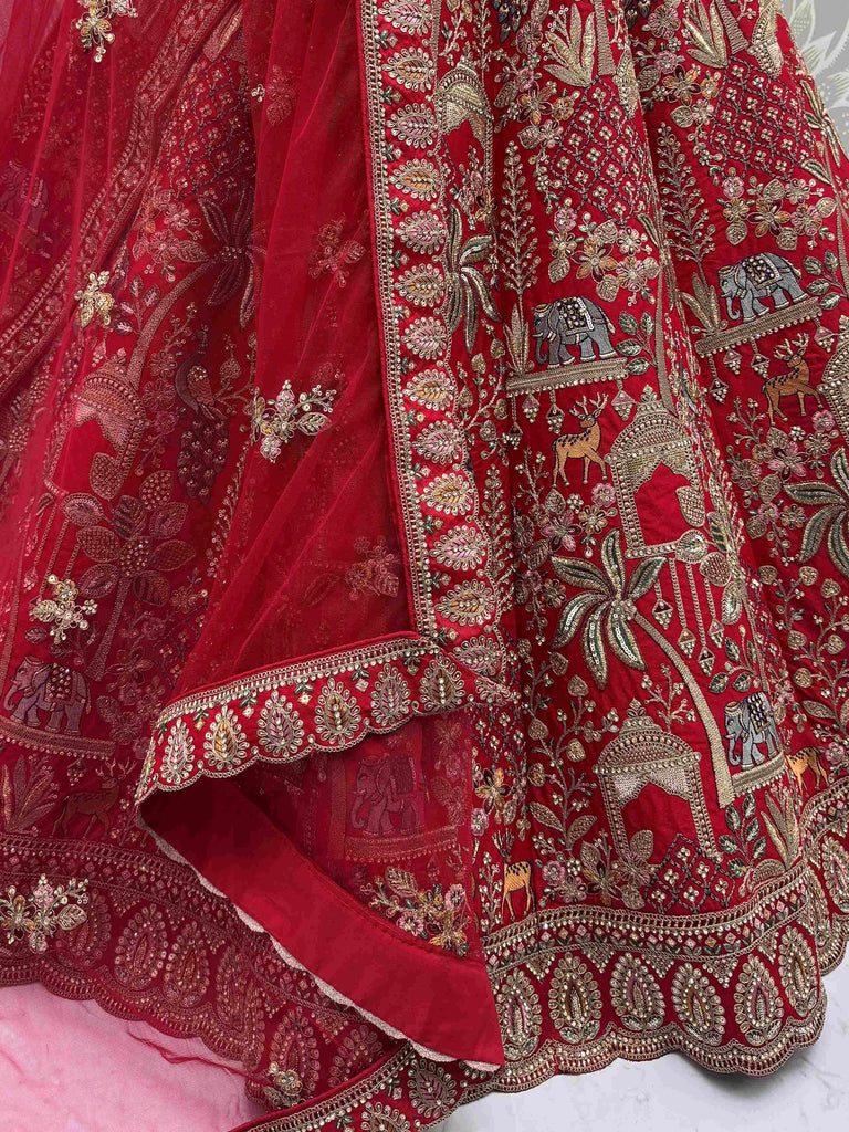 Precious Red Silk Embroidered Bridal Lehenga Choli With Double Dupatta