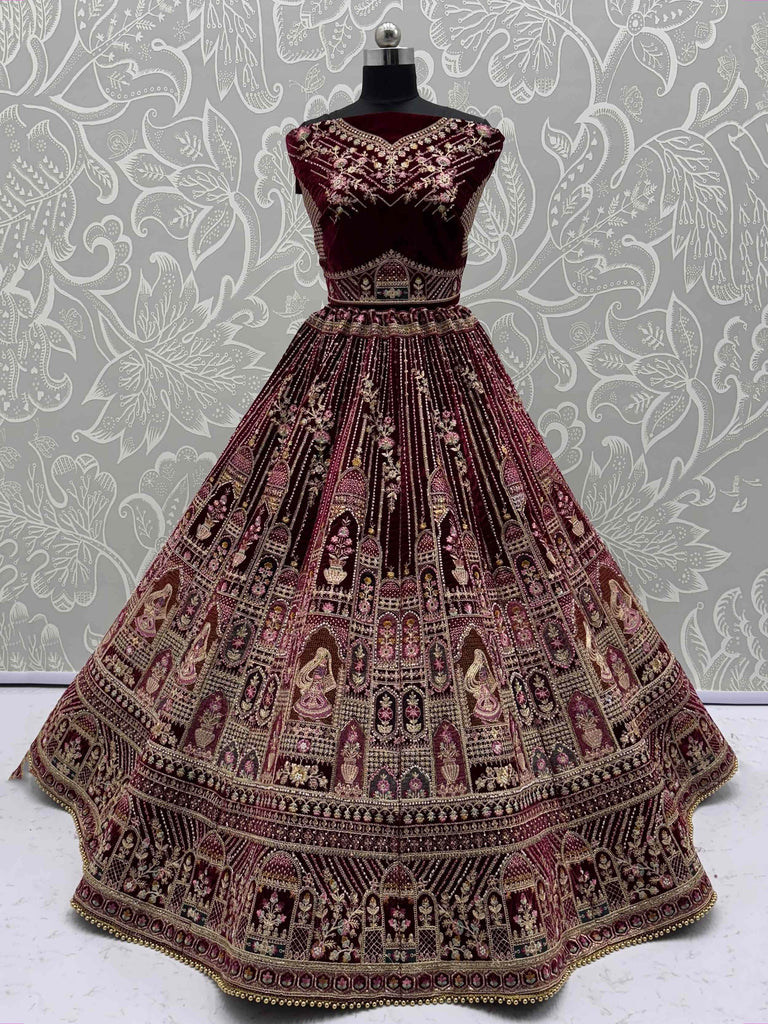 Chic Red Velvet Embroidered Bridal Lehenga Choli With Double Dupatta