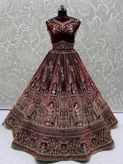 Chic Red Velvet Embroidered Bridal Lehenga Choli With Double Dupatta