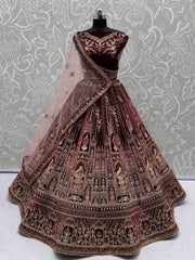 Chic Red Velvet Embroidered Bridal Lehenga Choli With Double Dupatta