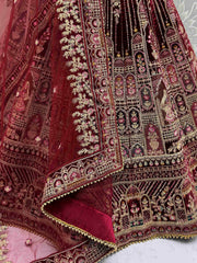 Chic Red Velvet Embroidered Bridal Lehenga Choli With Double Dupatta