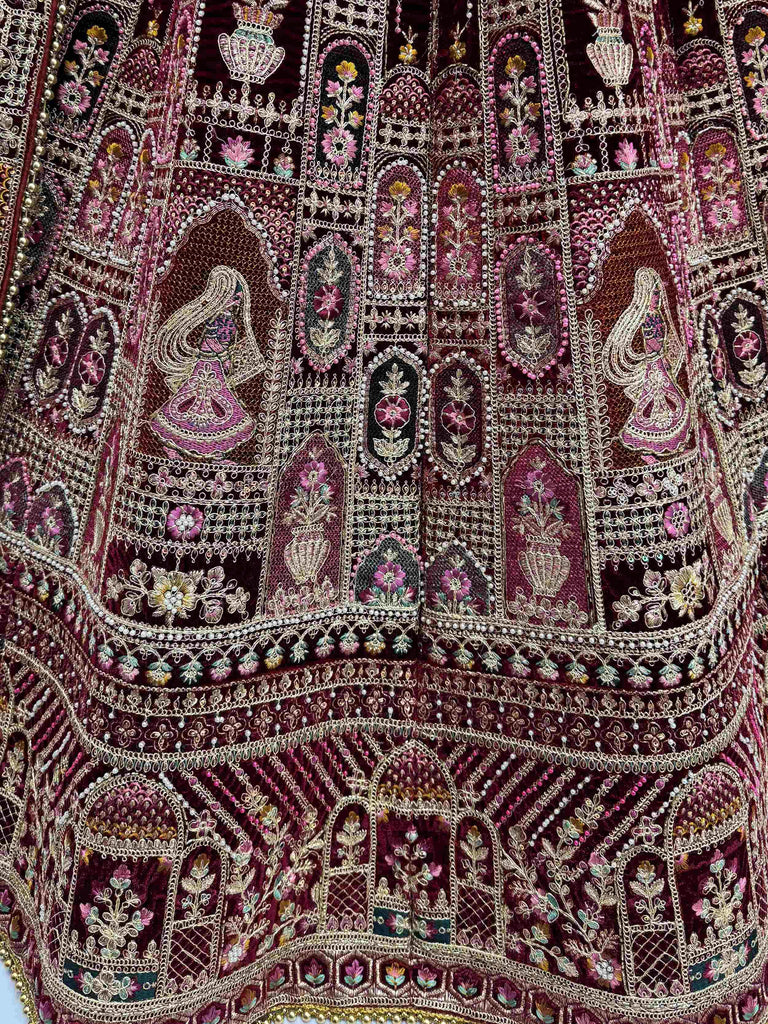 Chic Red Velvet Embroidered Bridal Lehenga Choli With Double Dupatta