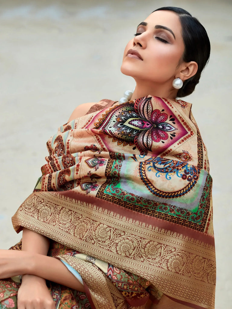 Incredible Brown Digital Printed Silk Events Wear Saree With Blouse
