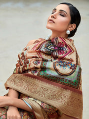 Incredible Brown Digital Printed Silk Events Wear Saree With Blouse