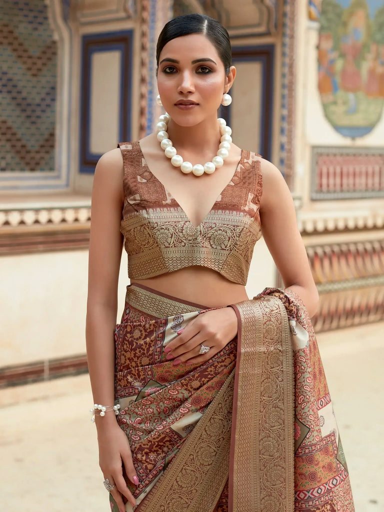 Incredible Brown Digital Printed Silk Events Wear Saree With Blouse