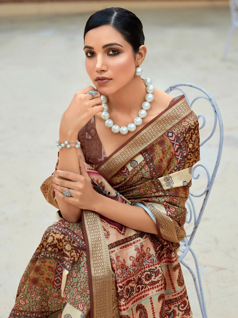 Incredible Brown Digital Printed Silk Events Wear Saree With Blouse