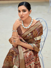 Incredible Brown Digital Printed Silk Events Wear Saree With Blouse