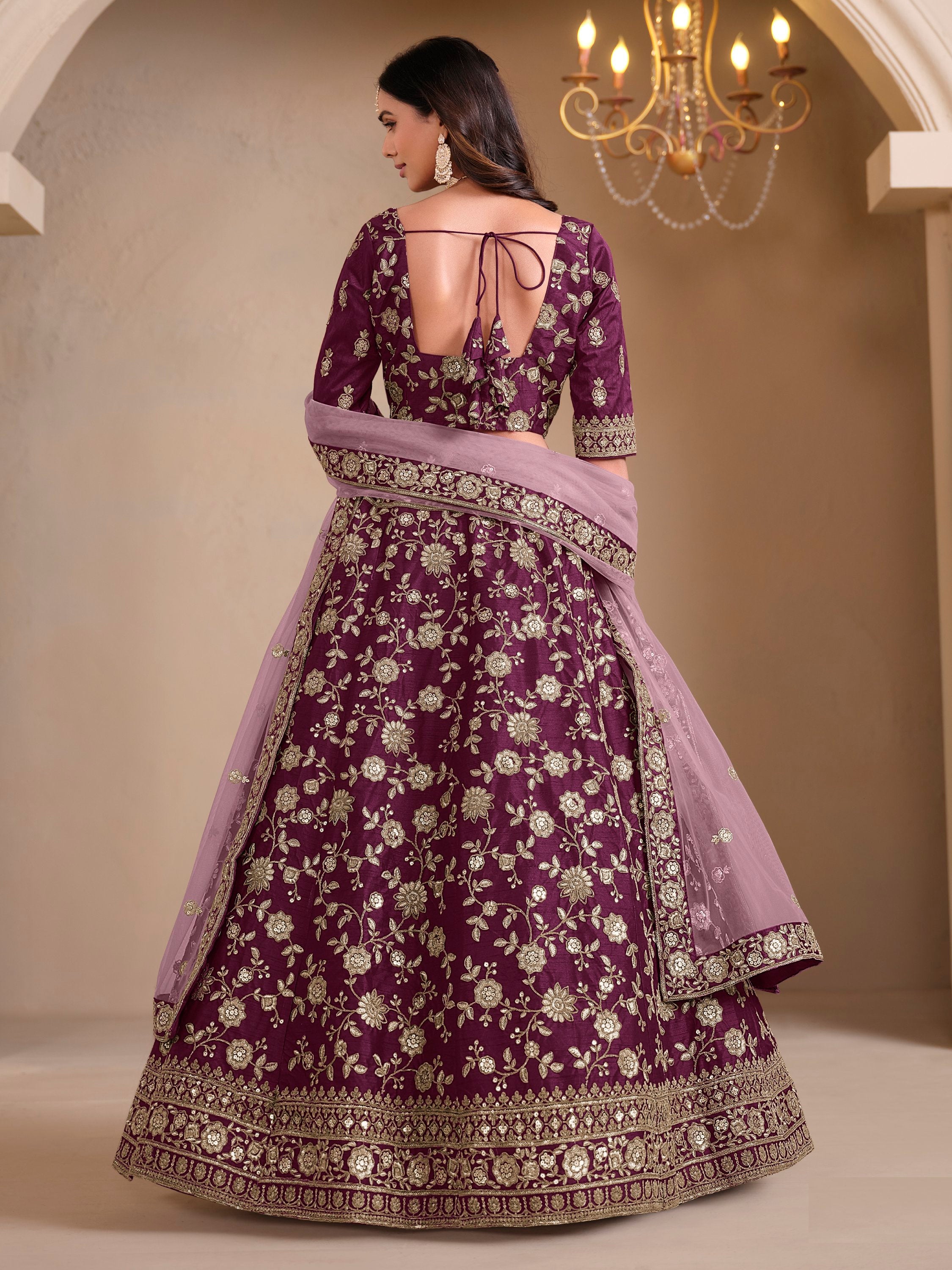 Glowing Wine Sequins Silk Engagement Wear Lehenga Choli With Dupatta