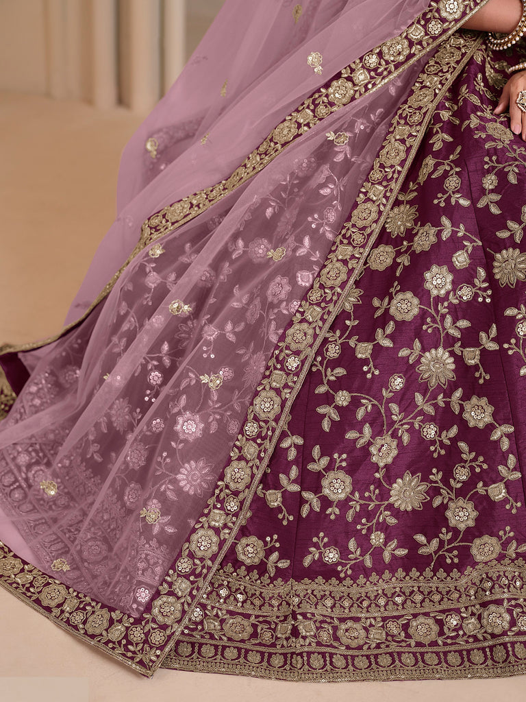 Glowing Wine Sequins Silk Engagement Wear Lehenga Choli With Dupatta