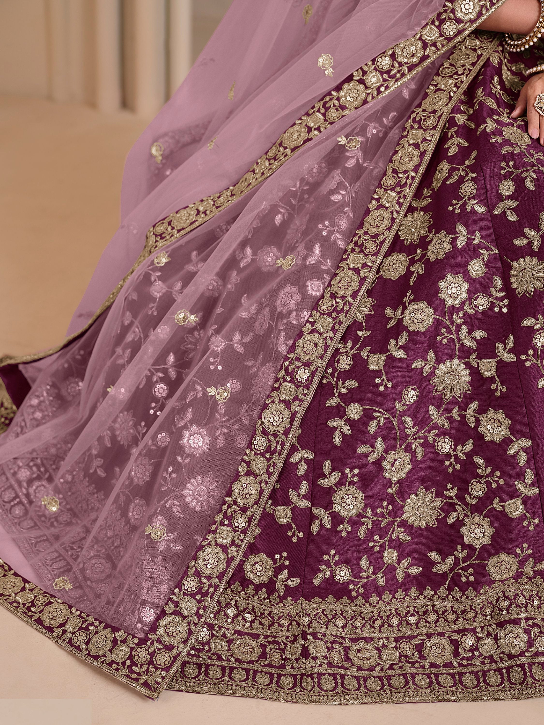 Glowing Wine Sequins Silk Engagement Wear Lehenga Choli With Dupatta