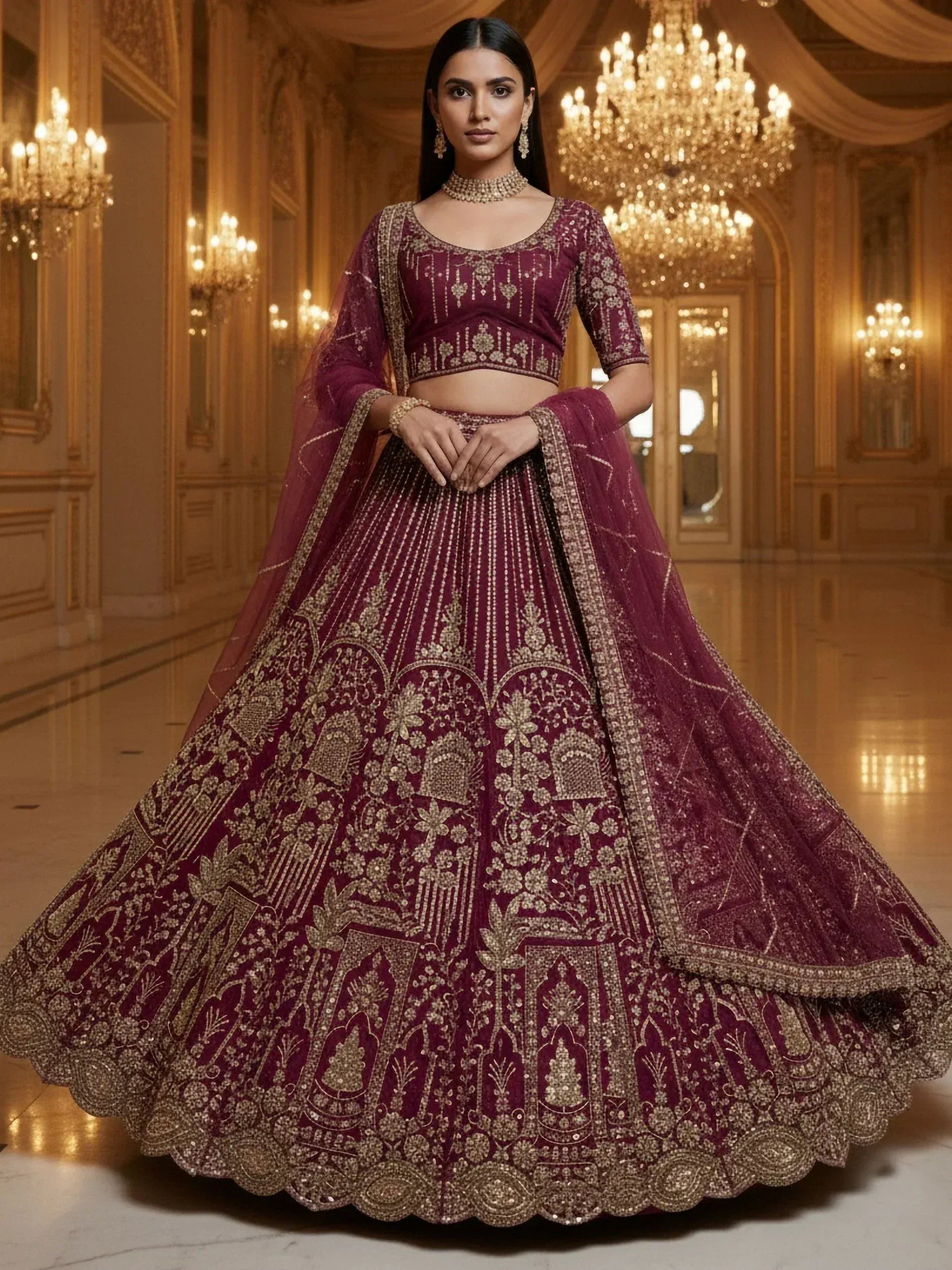 Elegant maroon lehenga choli with gold embroidery, perfect for weddings and festive occasions.