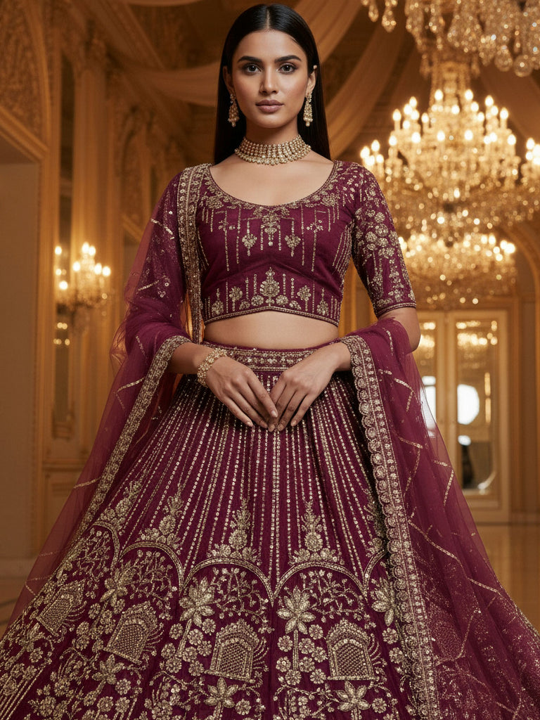 Graceful Purple Dori Embroidered Net Bridal Lehenga With Dupatta