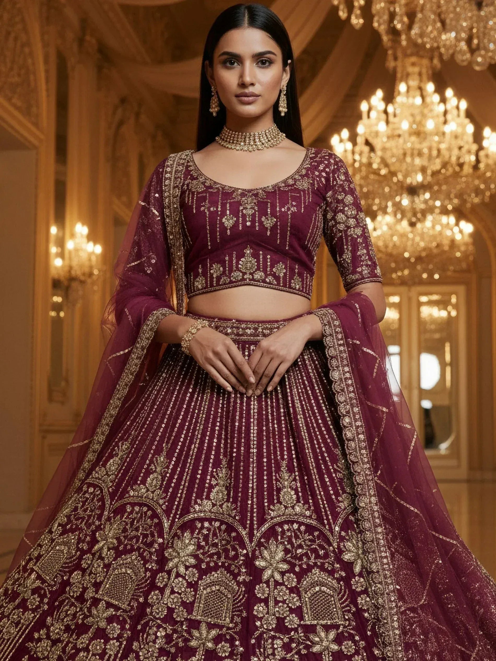 Elegant maroon lehenga choli with gold embroidery, perfect for Indian weddings and festive occasions.