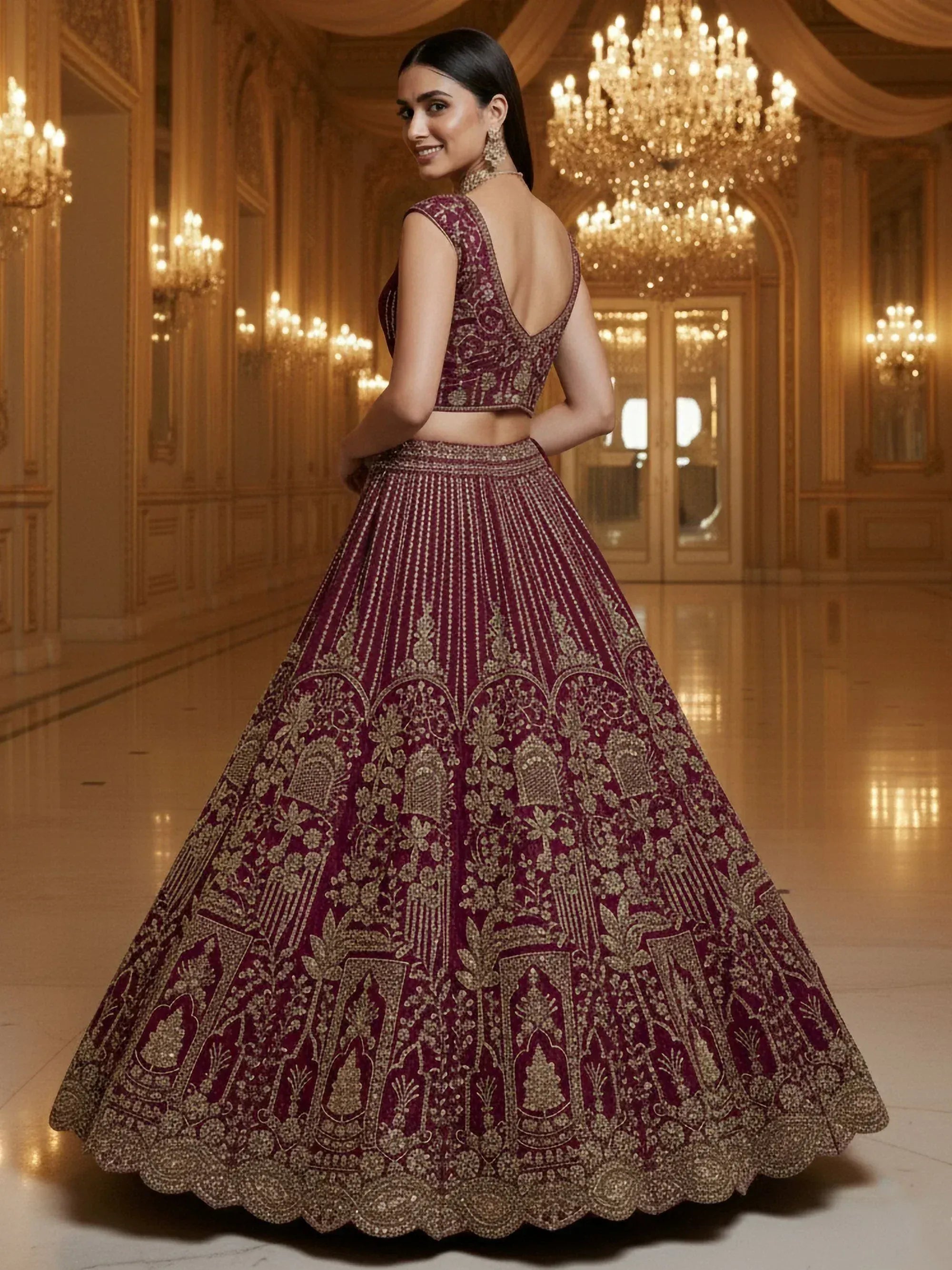 Elegant maroon lehenga choli with gold embroidery, perfect for Indian weddings and festive occasions.