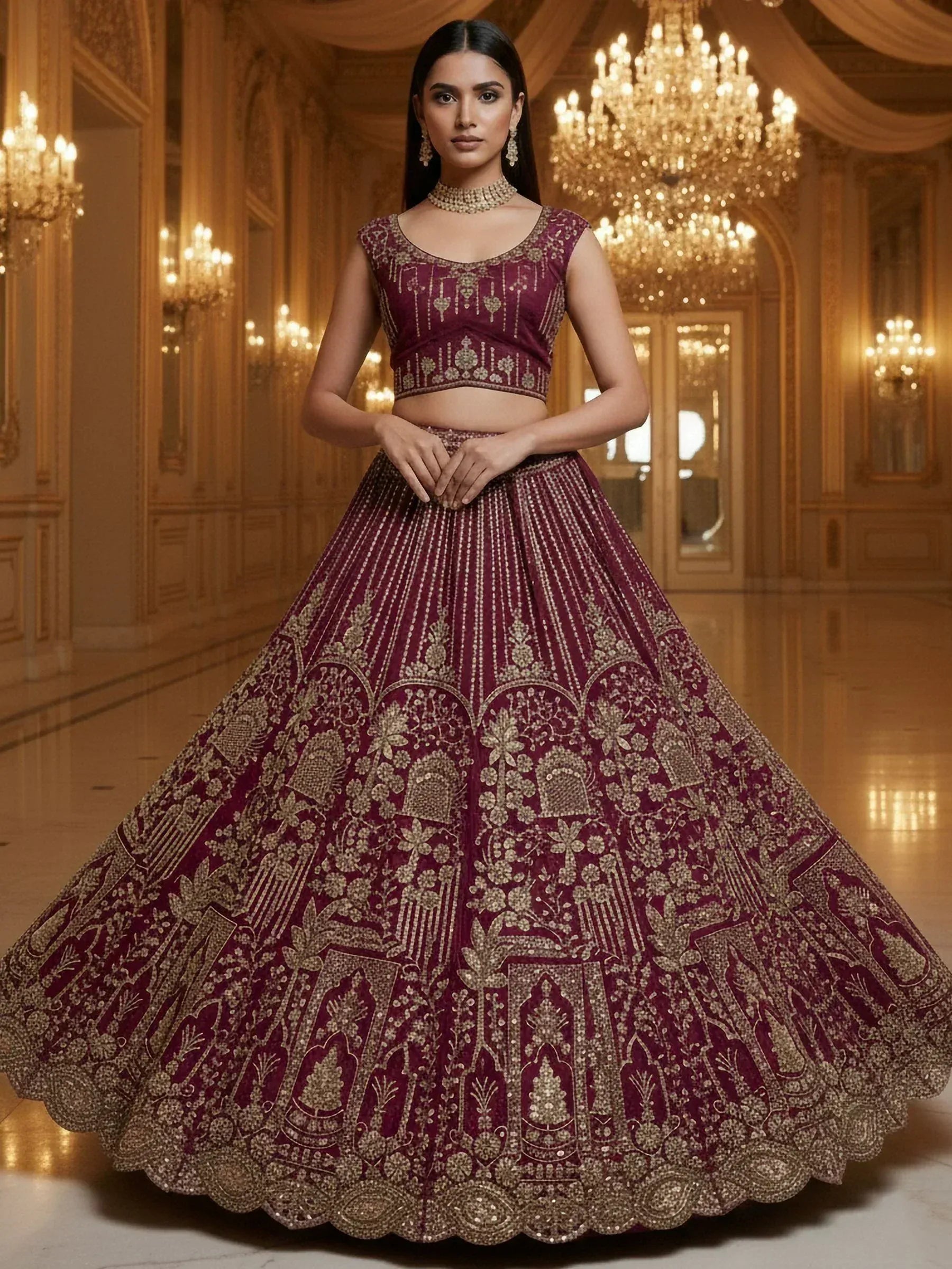 Burgundy designer lehenga choli with gold embroidery, perfect for Indian weddings and festive occasions.