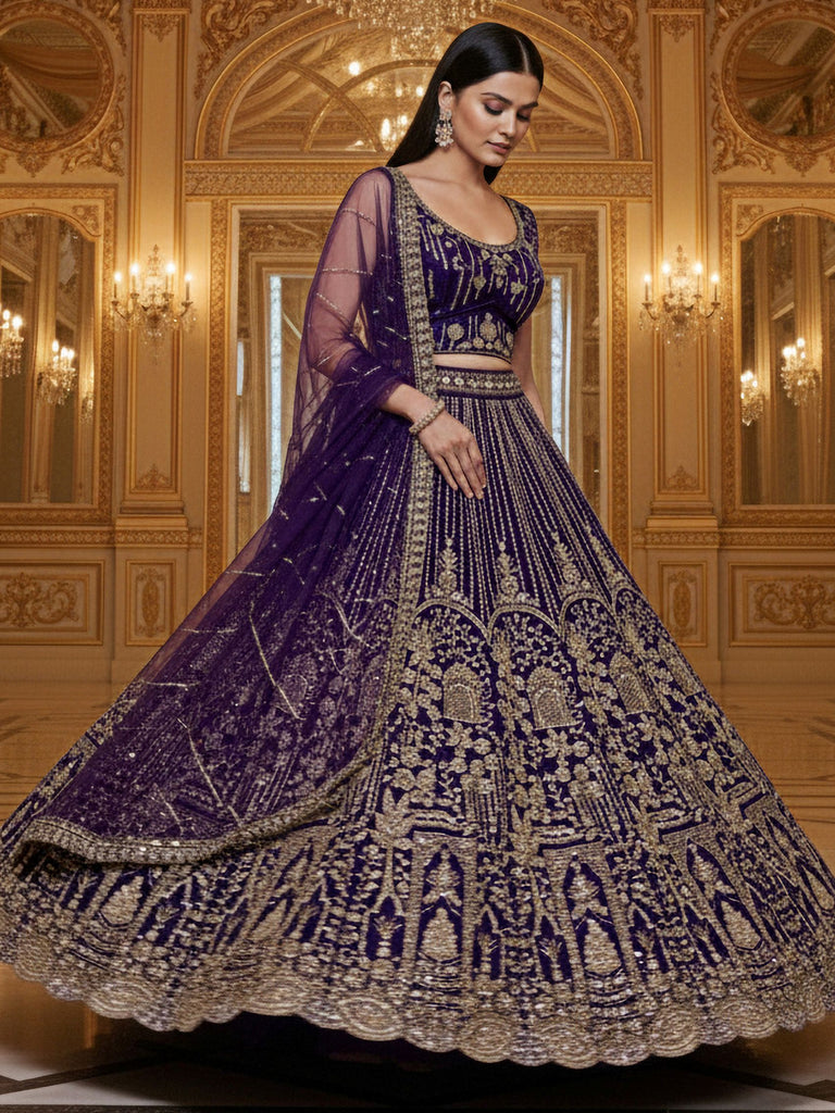 Outstanding Violet Sequins Net Bridal Wear Lehenga With Dupatta