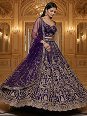 Outstanding Violet Sequins Net Bridal Wear Lehenga With Dupatta