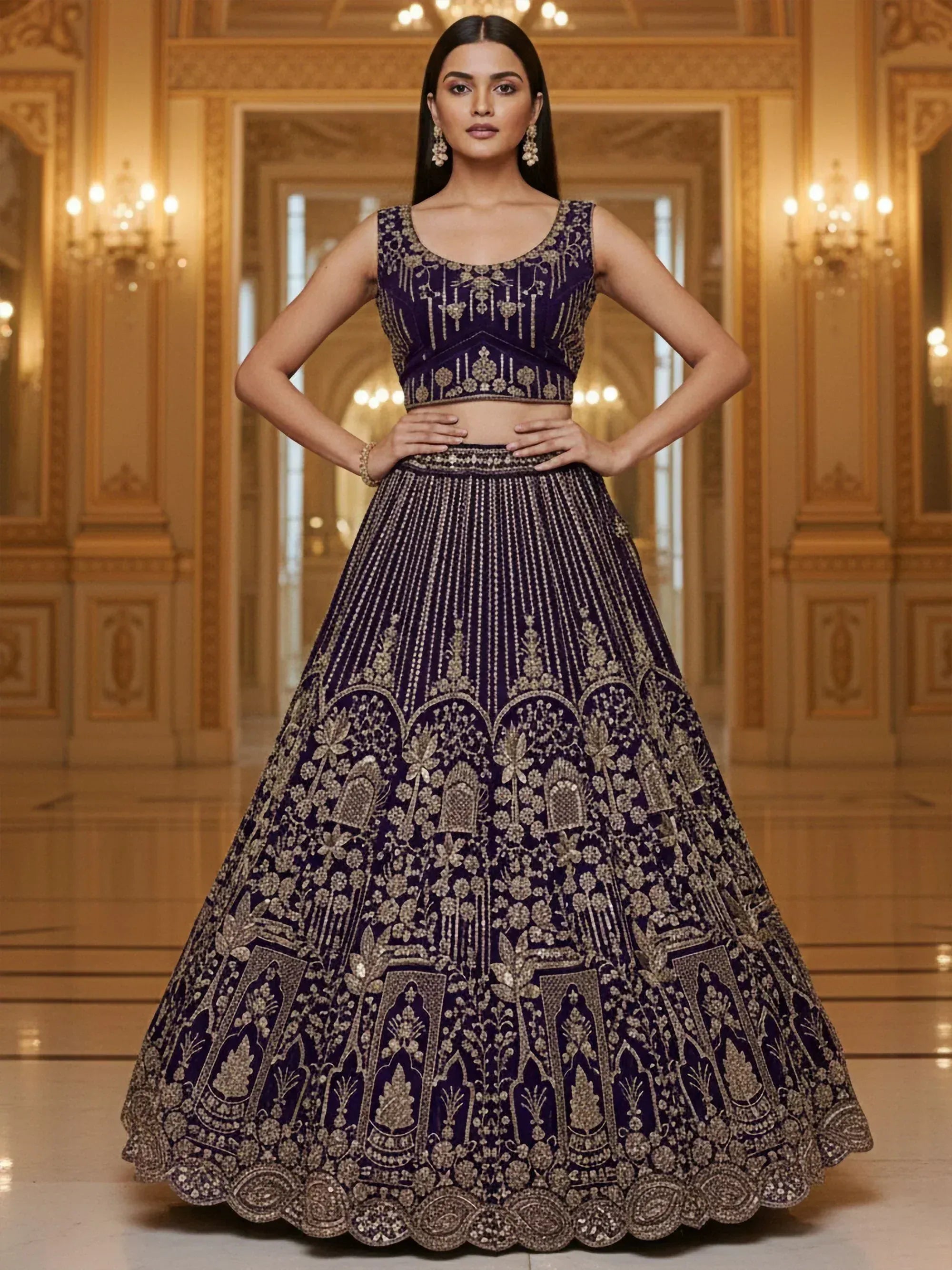Elegant purple lehenga choli with gold embroidery, perfect for Indian weddings and festive occasions.