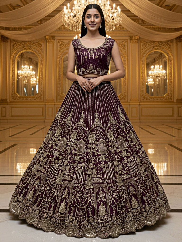 Attractive Wine Hand Work Net Bridal Lehenga Choli With Dupatta