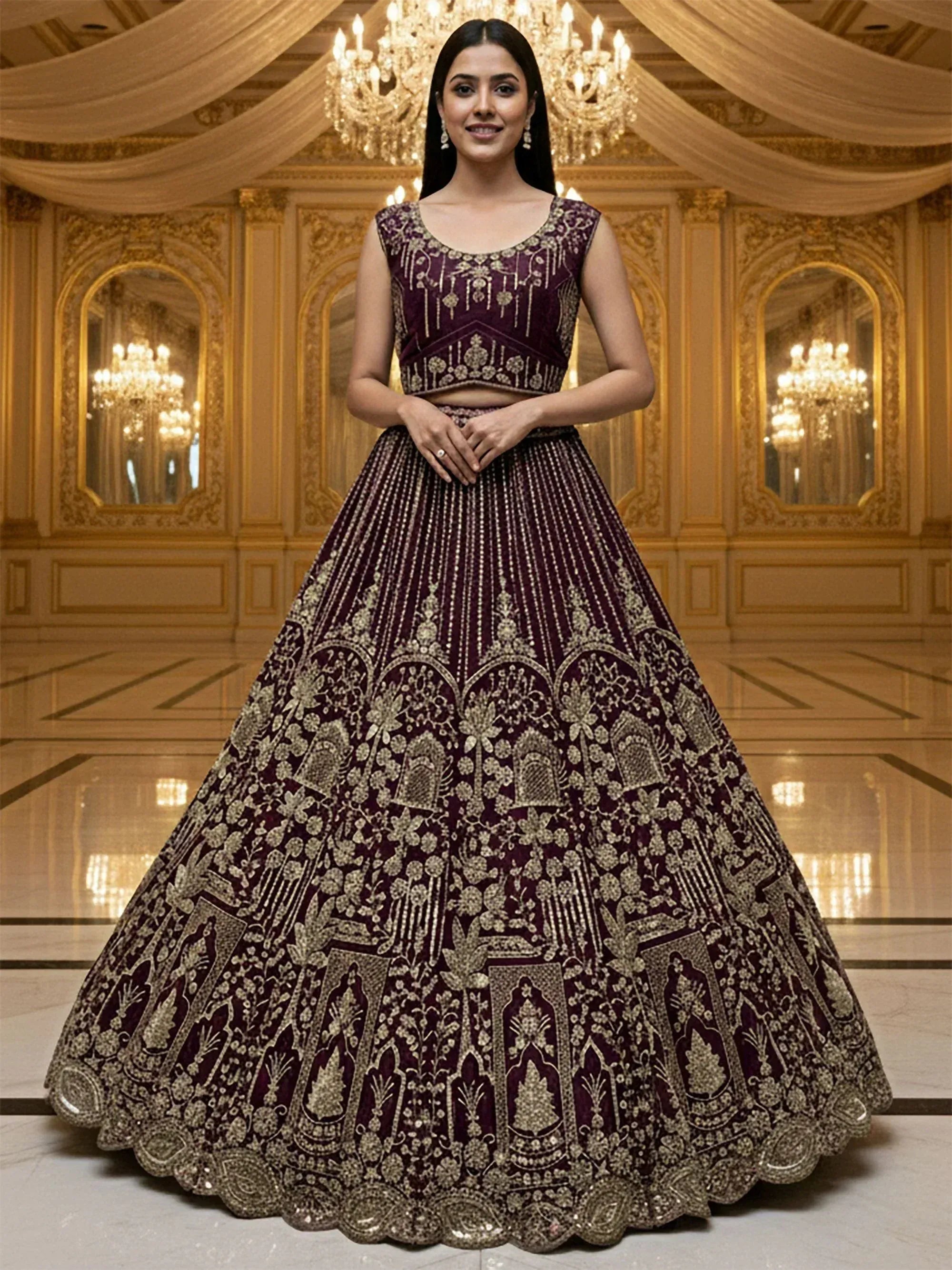 Elegant purple lehenga choli with gold embroidery, perfect for Indian weddings and festive occasions.