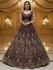 Attractive Wine Hand Work Net Bridal Lehenga Choli With Dupatta