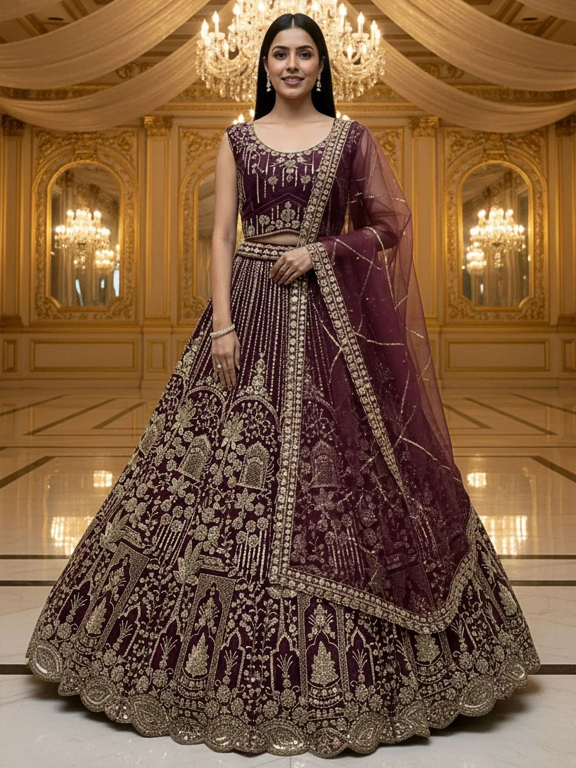 Elegant purple designer lehenga choli with gold embroidery, perfect for weddings and festive occasions.